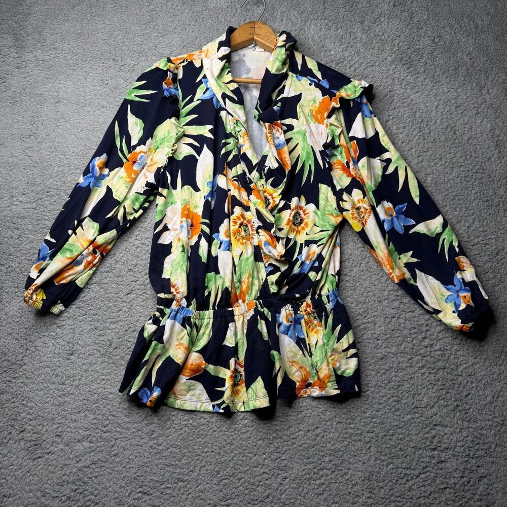 Ralph Lauren Blouse Women's Large Blue Floral Ruffle Sleeve Top - Picture 1 of 10